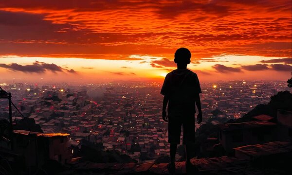child standing above overlooking favela landscape illustrated animation