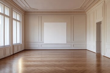 Spacious empty hall with blank white poster. AI generated illustration.