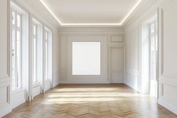 Obraz premium Spacious empty hall with blank white poster. AI generated illustration.
