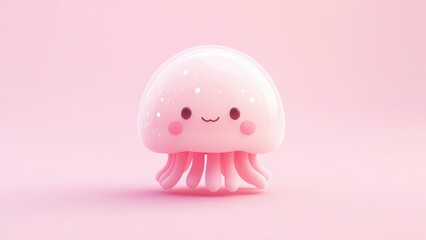 Minimalist Kawaii Jellyfish Illustration with Pink Pastel Background and Adorable Expression