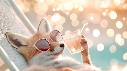 A stylish red fox in sunglasses enjoys a cool beverage while lounging on a beach chair. The image is a fun, humorous take on vacation relaxation with an animal twist