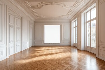 Obraz premium Spacious empty hall with blank white poster. AI generated illustration.