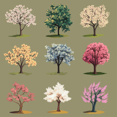 Obraz premium Colorful Flowering Tree Variations, Blooming Cherry Blossom Tree Set