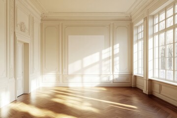 Obraz premium Spacious empty hall with blank white poster. AI generated illustration.