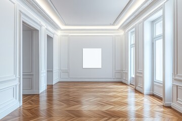 Obraz premium Spacious empty hall with blank white poster. AI generated illustration.