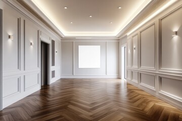 Spacious empty hall with blank white poster. AI generated illustration.