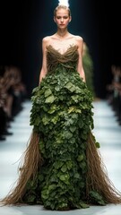 Model Showcasing a Stunning Eco-Inspired Gown with Leaf Detailing on the Runway