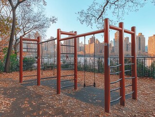 Fototapeta premium Empty Playground by the River with City Skyline View in Autumn