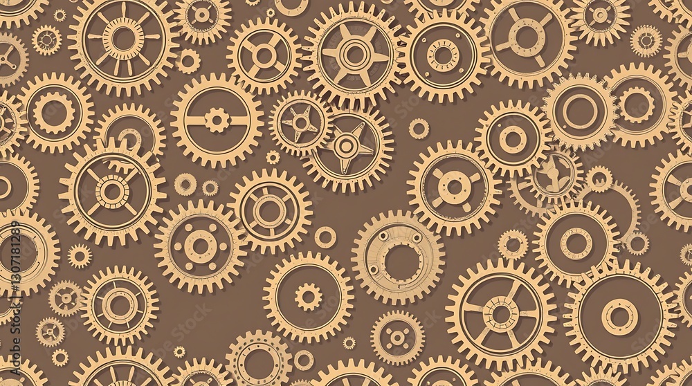 Poster mechanical harmony: intricate gears interlock in a mesmerizing pattern, showcasing the beauty of ind