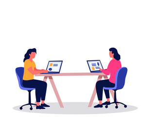 illustration of two women working on laptops at a shared desk. Ideal for coworking space, teamwork, office environment, remote work, and business collaboration concepts