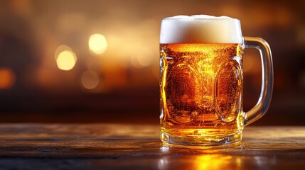 Close-up of cold beer mug with bubbles and foamy head on rustic table in warm atmosphere. Saint Patrick's Day, St Paddy's Day, St Patty's Day - Irish National Holiday and Cultural Celebration