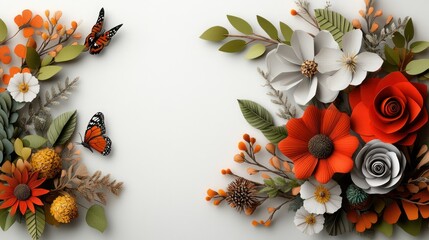 Paper Flowers & Butterflies Frame on White Background