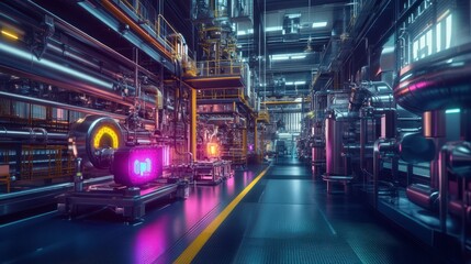 Futuristic industrial facility showcasing advanced machinery and vibrant neon lighting