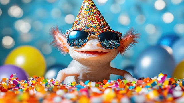 Party axolotl with sunglasses and confetti celebrating festive birthday