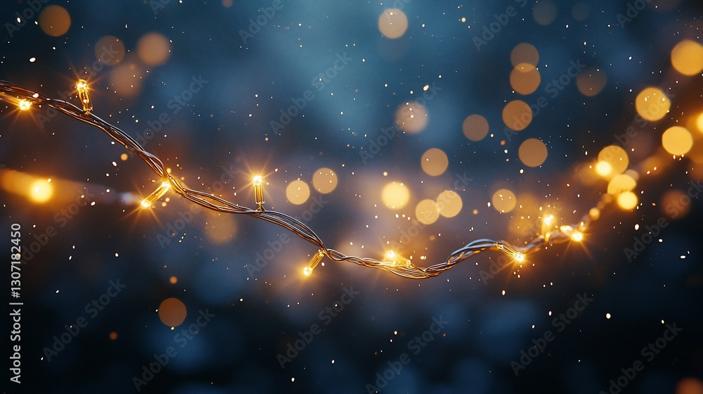 Poster glowing string lights with bokeh effect in snowy winter scene.
