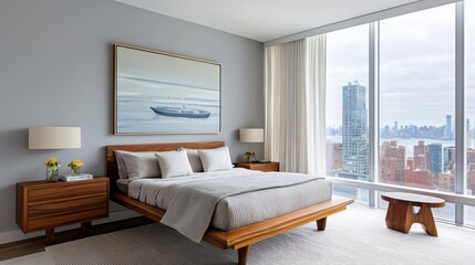 Scandinavian bedroom, soft gray walls, floating bed, wooden nightstands, pastel seascape painting, sheer curtains, skyline view