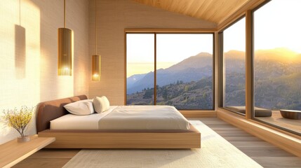 Scandinavian bedroom, textured taupe walls, floating velvet upholstered bed, sculptural brass pendant, soft LED backlighting, large windows