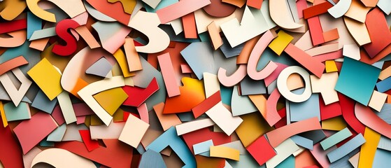 Colorful Abstract Background of Overlayed Letters and Shapes in Vibrant Mixed Colors