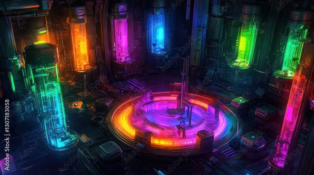 Poster futuristic laboratory with glowing containers and scientists conducting experiments in a neon-lit se