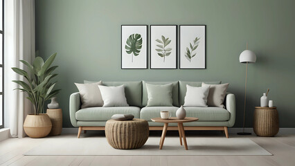 Obraz premium Elegant composition of living room interior. Modern scandi sofa, design pillows, side table, rattan commode and creative personal accessories. Sage green wall