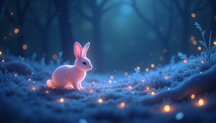 Magical glowing bunny leaving sparkling footprints in blue landscape, enchantment