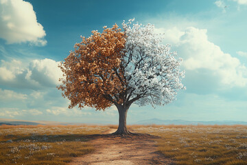 a tree with orange leaves in a foggy forest with a sky background and clouds in the background