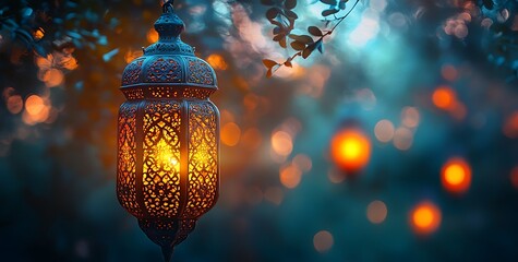 Glowing Lantern Amid Soft Lights and Lush Greenery

