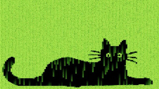 Black Cat Silhouette in Digital Code Rain Matrix Animation, Futuristic Cyberpunk Aesthetic