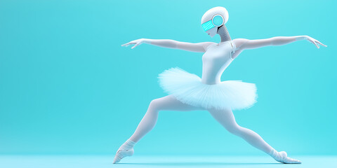 Obraz premium Futuristic ballerina AI robot performing a graceful dance against a vibrant blue backdrop