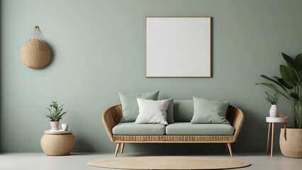 Elegant composition of living room interior. Modern scandi sofa, design pillows, side table, rattan commode and creative personal accessories. Sage green wall