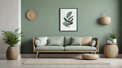 Elegant composition of living room interior. Modern scandi sofa, design pillows, side table, rattan commode and creative personal accessories. Sage green wall