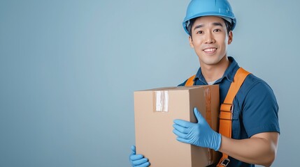 A confident delivery worker in a blue uniform, orange safety straps, and a blue hard hat holds a cardboard package while smiling. symbolizing trust, professionalism, and logistics efficiency