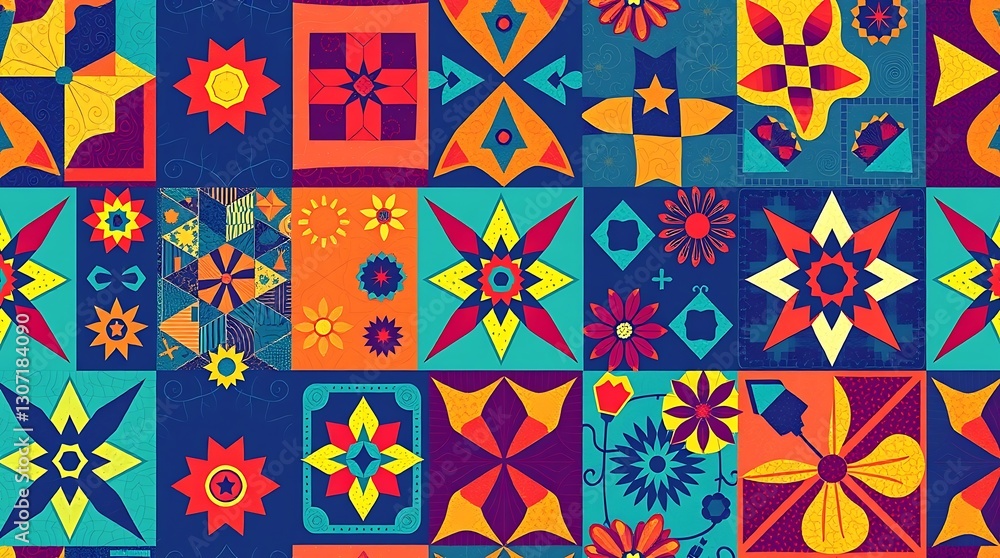 Poster harmonic patchwork: a vibrant and eye-catching patchwork of abstract patterns and shapes, displaying