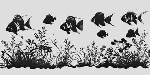 Underwater scene with black fish swimming among aquatic plants and flowers