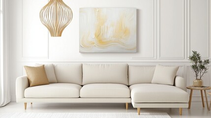Scandinavian cinematic Hollywood living room, soft cream panel walls, oversized plush sofa, sculptural pendant light, modern abstract artwork, airy light