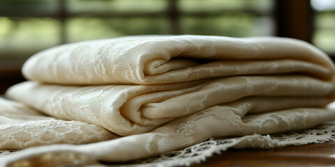 Fototapeta premium Delicate lace patterns in white tones create elegant textile display