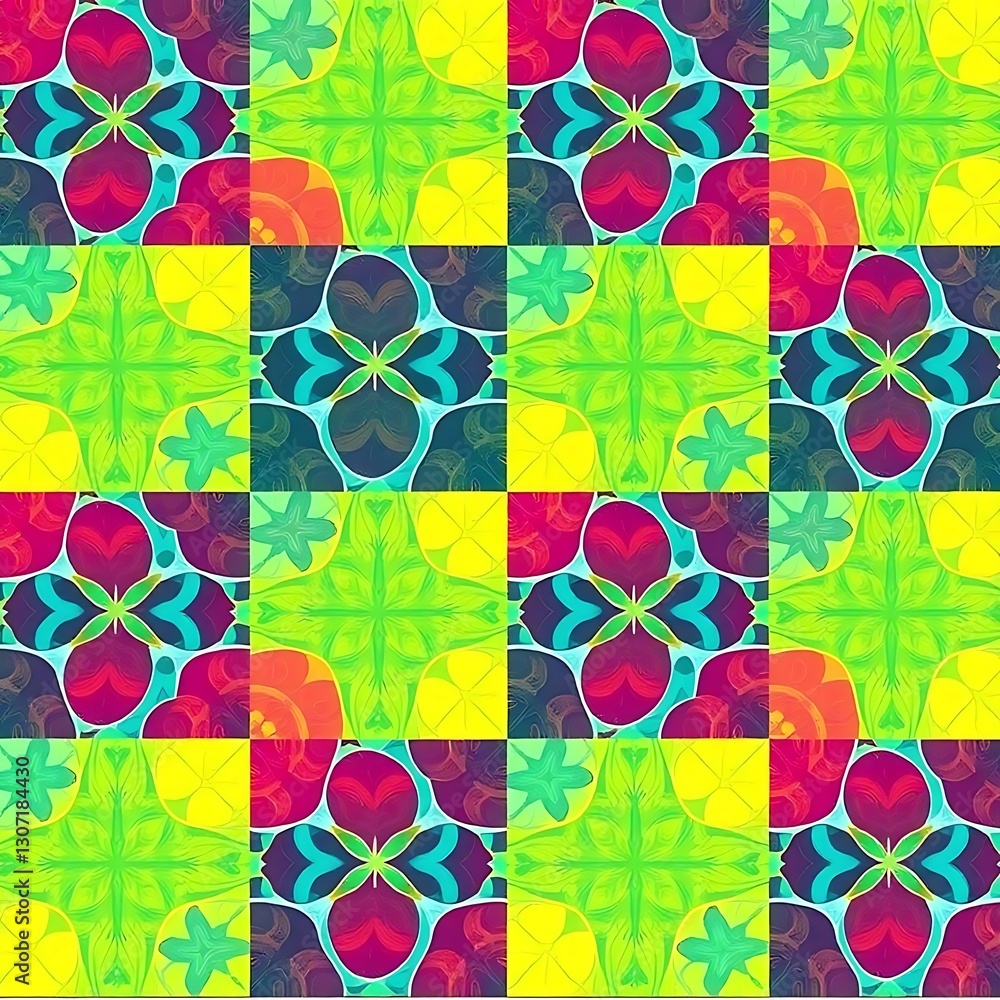 Poster kaleidoscopic tiles: a vibrant and intricate pattern of geometric tiles, each with unique floral and