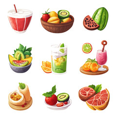 Tropical Fruit Smoothies and Fresh Cut Fruit Still Life Illustrations
