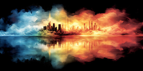 Obraz premium Colorful light beams create geometric cityscape reflection in water