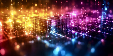 Fototapeta premium Colorful light beams create geometric shapes in vibrant digital landscape