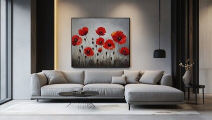 Red poppy floral art piece on a wall in a modern living room, featuring a sectional sofa and a coffee table.