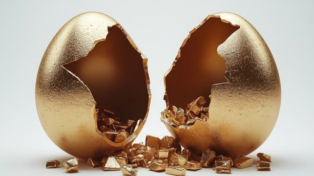Broken golden egg with shattered pieces on white background. Easter, Pascha, Paskha, Ostern, Pascua, Paques - Orthodox and Catholic Holiday celebration