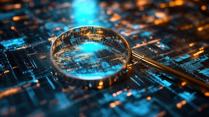 Magnifying glass over a glowing circuit board, representing data analysis and technological inspection.