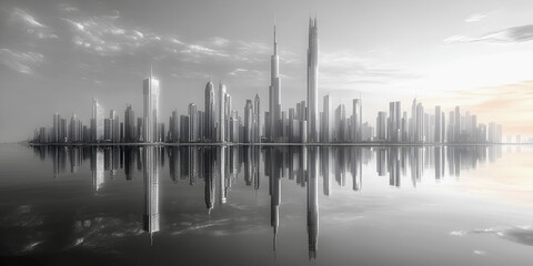 Fototapeta premium Minimalist city skyline in white tones with reflections on water