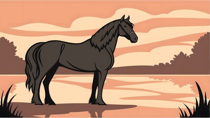 Majestic Black Horse Silhouette Against Serene Sunset Landscape in Vector Art Style for Nature and Animal Lovers