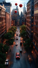 Fototapeta premium Urban evening scene with red balloons floating above busy city street