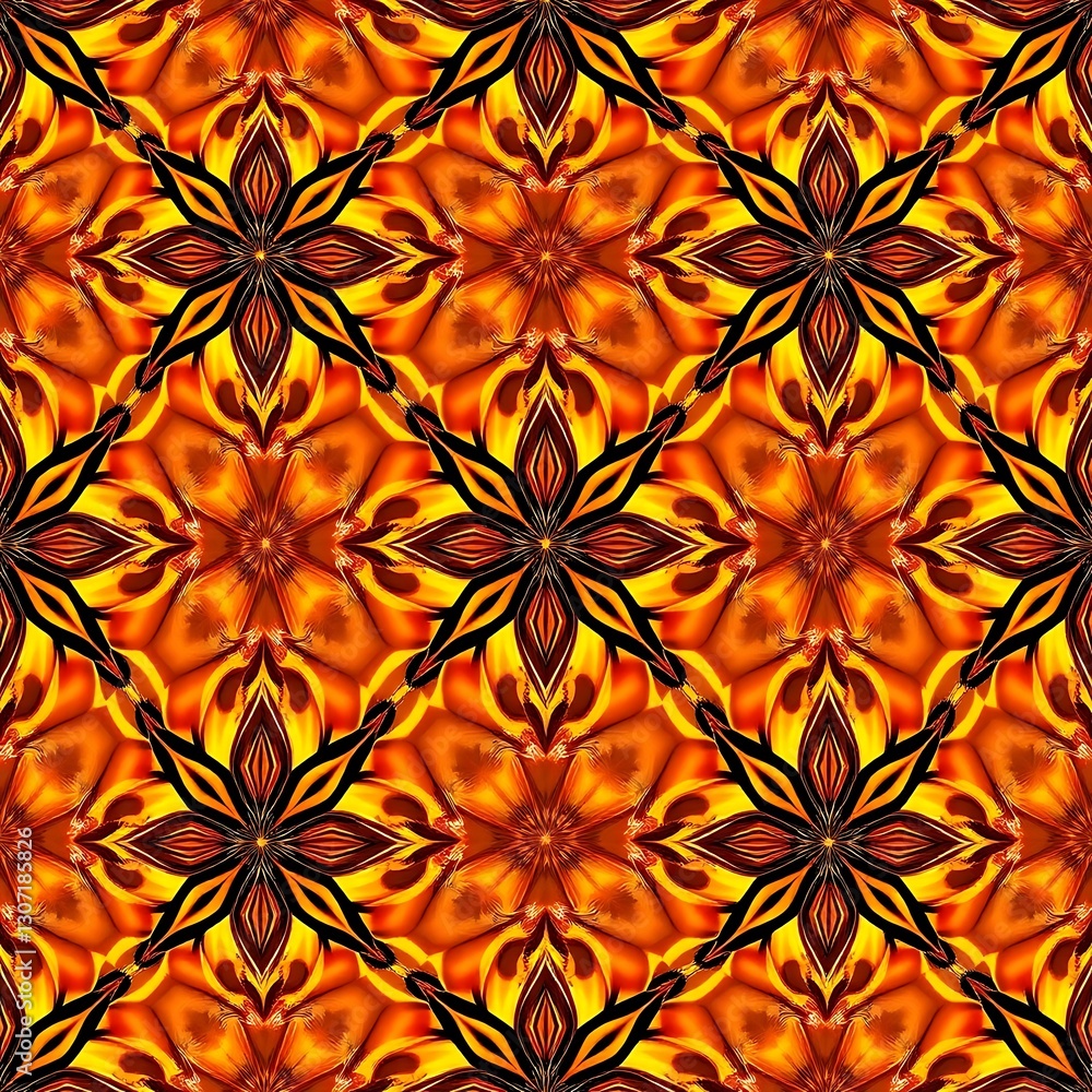 Poster artistic ornament: intricate, symmetrical patterns explode with rich tones of gold, creating a tapes