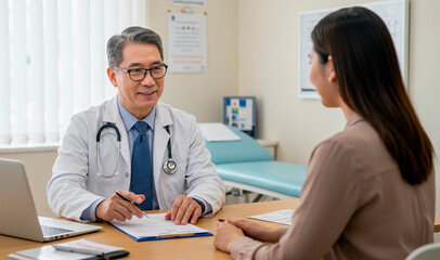 Obraz premium Conversation with Asian doctor. Portrait of friendly doctor listening to his patient in medical office