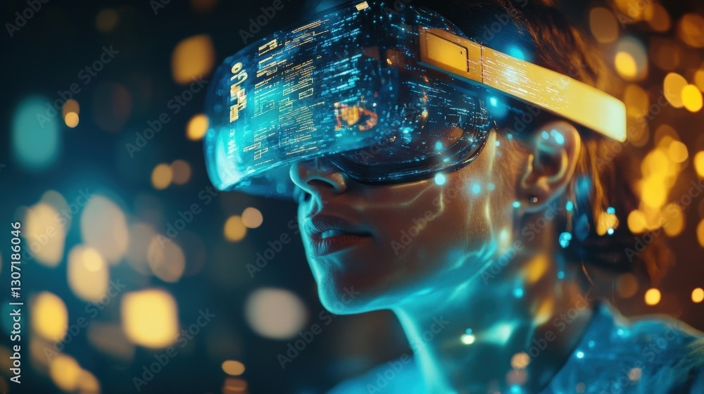 Poster software engineer wearing a virtual reality headset is immersed in a digital world, interacting with