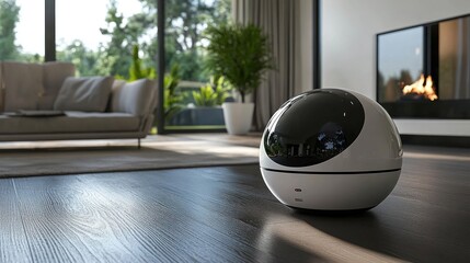 Smart home robot in modern living room.